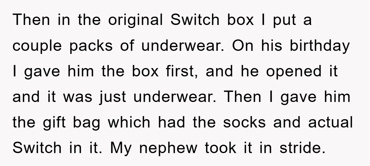 Then in the original Switch box I put a couple packs of underwear. On his birthday I gave him the box first, and he opened it and it was just...