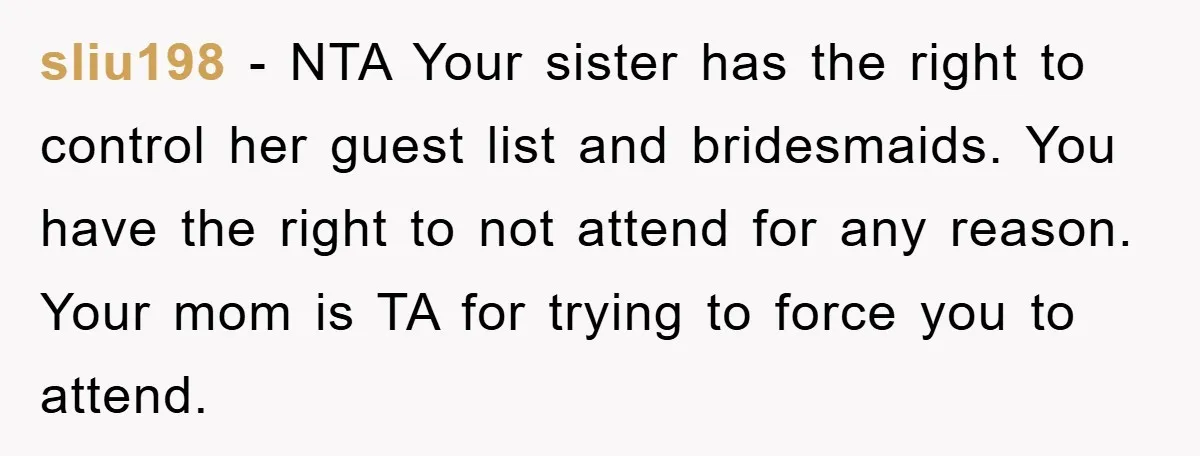 sliu198 − NTA Your sister has the right to control her guest list and bridesmaids. You have the right to not attend for any reason. Your mom is TA for...