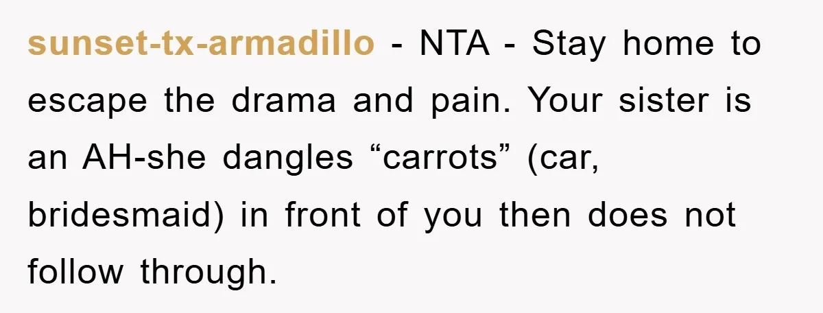 sunset-tx-armadillo − NTA - Stay home to escape the drama and pain. Your sister is an AH-she dangles “carrots” (car, bridesmaid) in front of you then does not follow through.