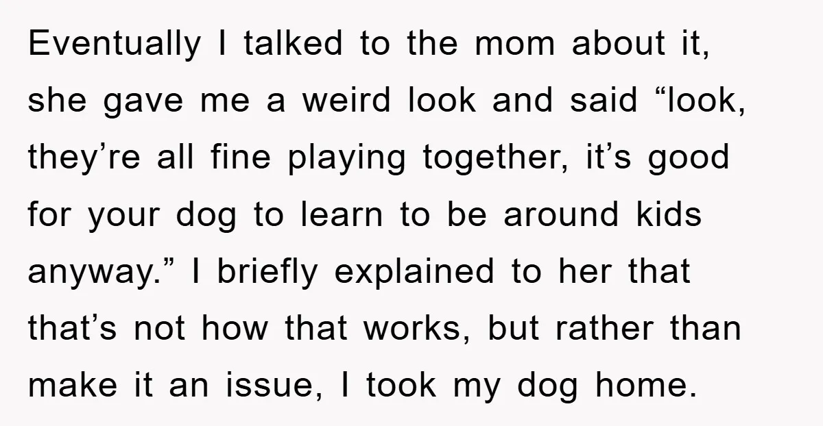 Eventually I talked to the mom about it, she gave me a weird look and said “look, they’re all fine playing together, it’s good for your dog to learn to...