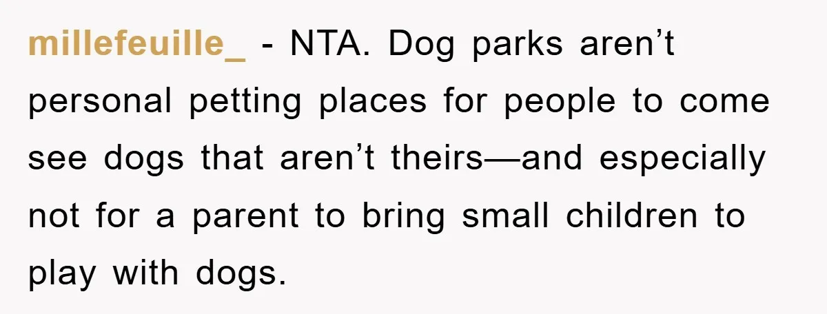 millefeuille_ - NTA. Dog parks aren’t personal petting places for people to come see dogs that aren’t theirs—and especially not for a parent to bring small children to play with...