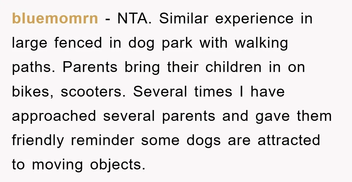 bluemomrn - NTA. Similar experience in large fenced in dog park with walking paths. Parents bring their children in on bikes, scooters. Several times I have approached several parents and...