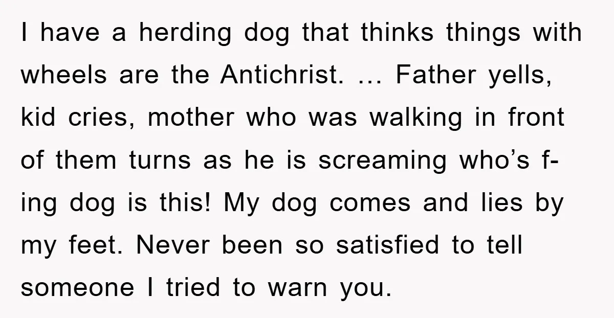 I have a herding dog that thinks things with wheels are the Antichrist. … Father yells, kid cries, mother who was walking in front of them turns as he is...