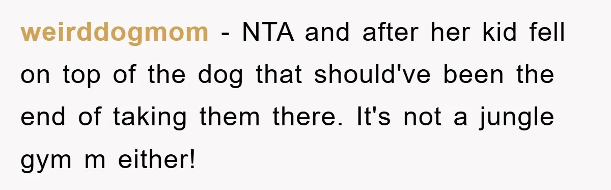 weirddogmom - NTA and after her kid fell on top of the dog that should've been the end of taking them there. It's not a jungle gym m either!