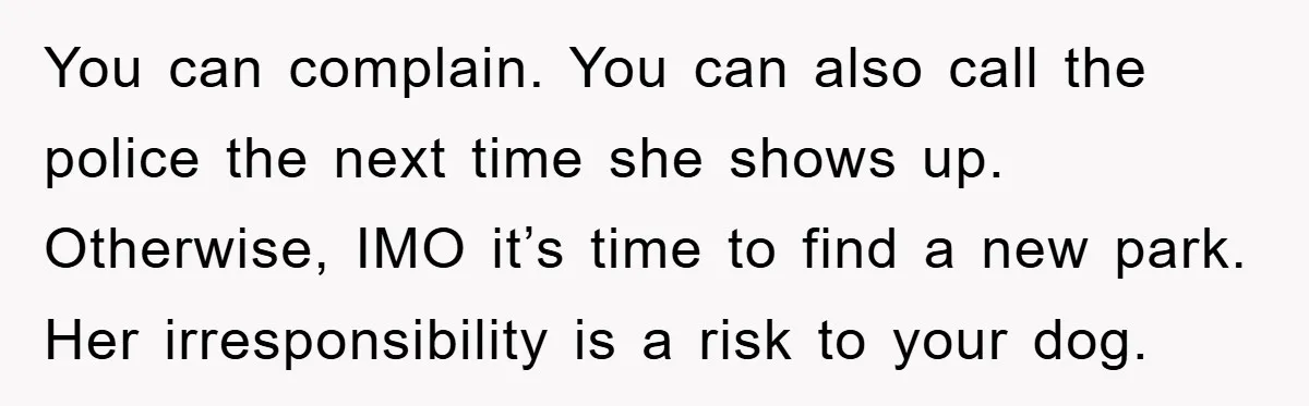 You can complain. You can also call the police the next time she shows up. Otherwise, IMO it’s time to find a new park. Her irresponsibility is a risk to...