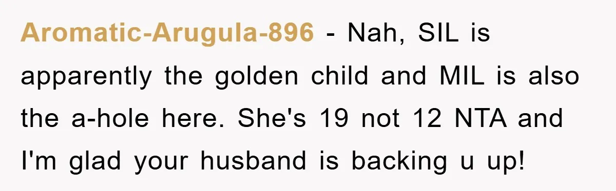 Aromatic-Arugula-896 − Nah, SIL is apparently the golden child and MIL is also the a-hole here. She's 19 not 12 NTA and I'm glad your husband is backing u up!