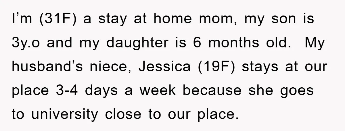 I’m (31F) a stay at home mom, my son is 3y.o and my daughter is 6 months old. My husband’s niece, Jessica (19F) stays at our place 3-4 days a...
