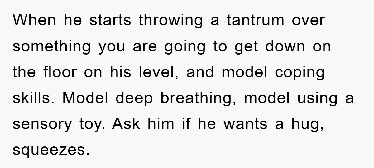 When he starts throwing a tantrum over something you are going to get down on the floor on his level, and model coping skills. Model deep breathing, model using a...