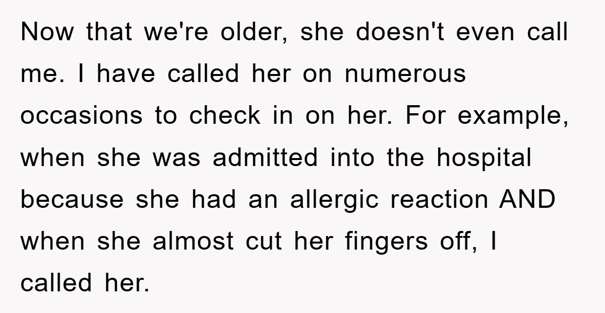 Now that we're older, she doesn't even call me. I have called her on numerous occasions to check in on her. For example, when she was admitted into the hospital...