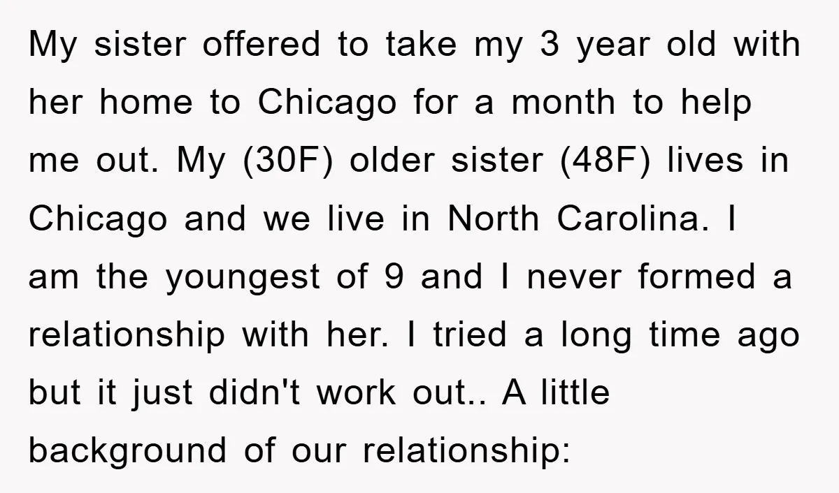 My sister offered to take my 3 year old with her home to Chicago for a month to help me out. My (30F) older sister (48F) lives in Chicago and...