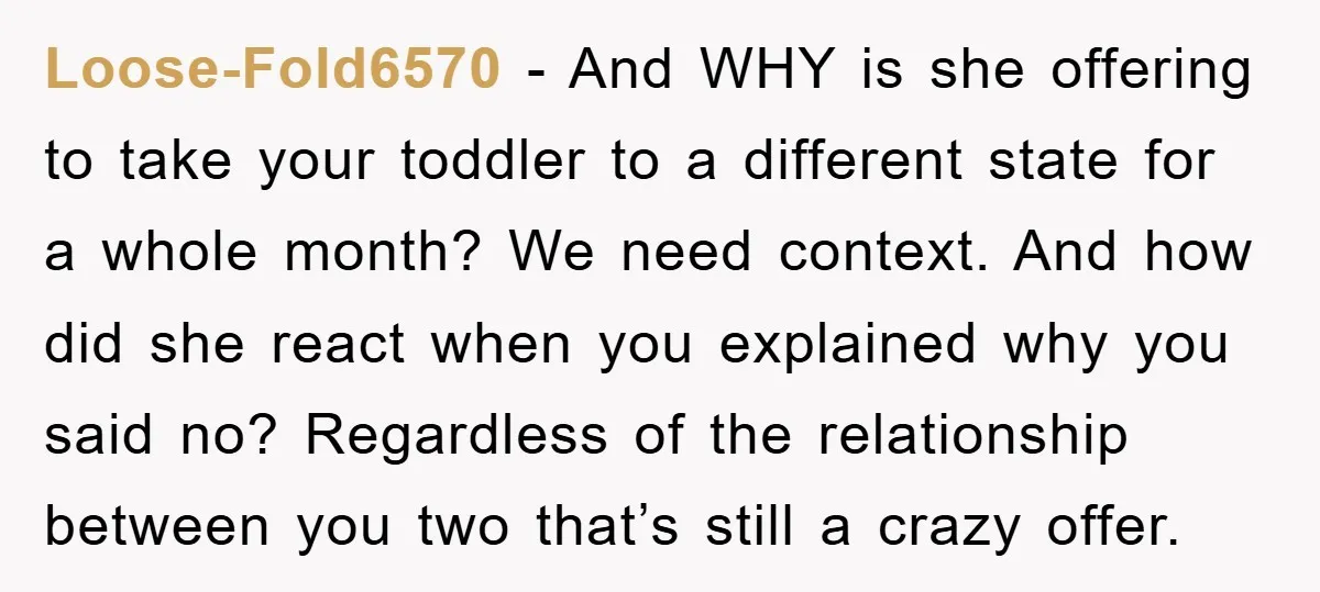 Loose-Fold6570 − And WHY is she offering to take your toddler to a different state for a whole month? We need context. And how did she react when you explained...