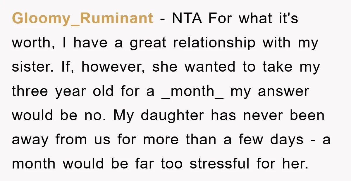 Gloomy_Ruminant − NTA For what it's worth, I have a great relationship with my sister. If, however, she wanted to take my three year old for a _month_ my answer...