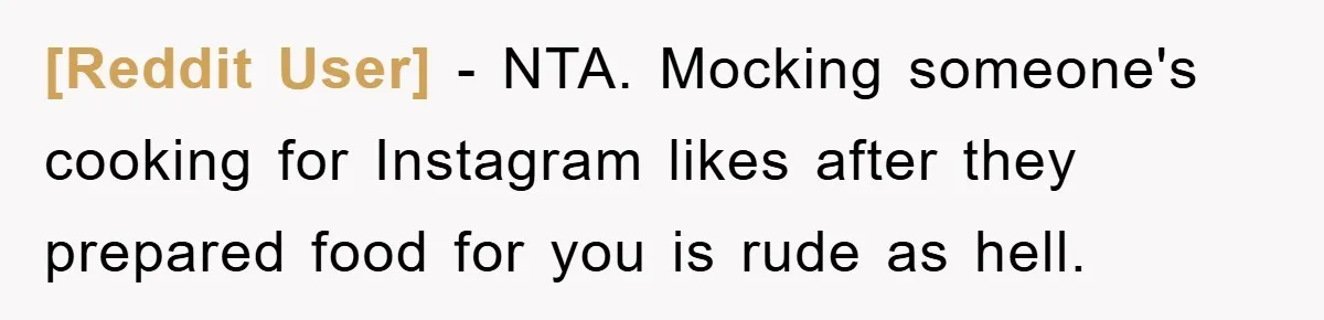 [Reddit User] - NTA. Mocking someone's cooking for Instagram likes after they prepared food for you is rude as hell.