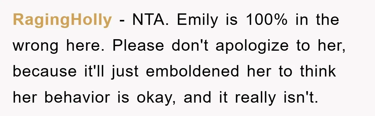RagingHolly - NTA. Emily is 100% in the wrong here. Please don't apologize to her, because it'll just emboldened her to think her behavior is okay, and it really isn't.