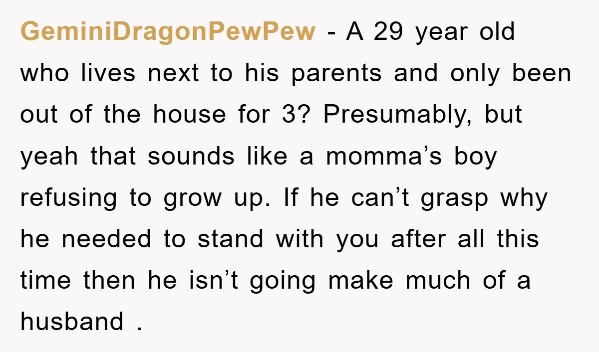 GeminiDragonPewPew − A 29 year old who lives next to his parents and only been out of the house for 3? Presumably, but yeah that sounds like a momma’s boy...