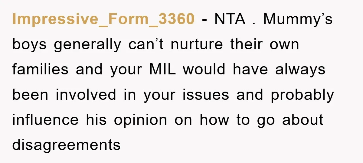 Impressive_Form_3360 − NTA . Mummy’s boys generally can’t nurture their own families and your MIL would have always been involved in your issues and probably influence his opinion on how...