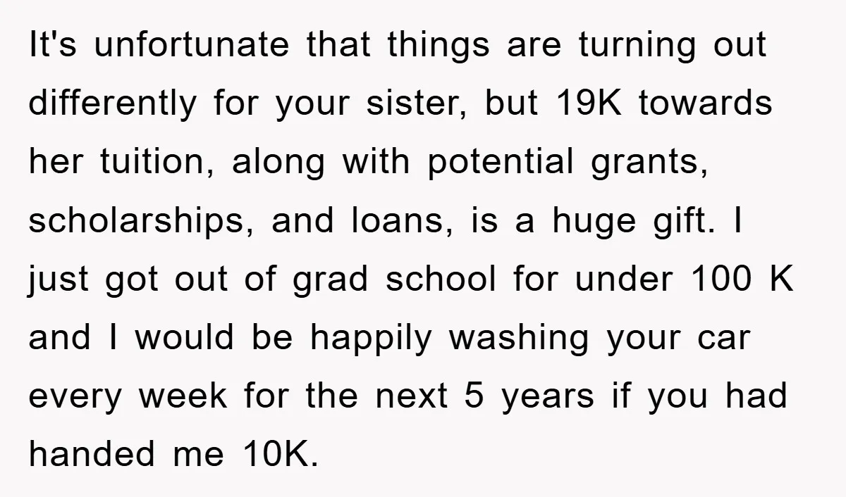 It's unfortunate that things are turning out differently for your sister, but 19K towards her tuition, along with potential grants, scholarships, and loans, is a huge gift. I just got...
