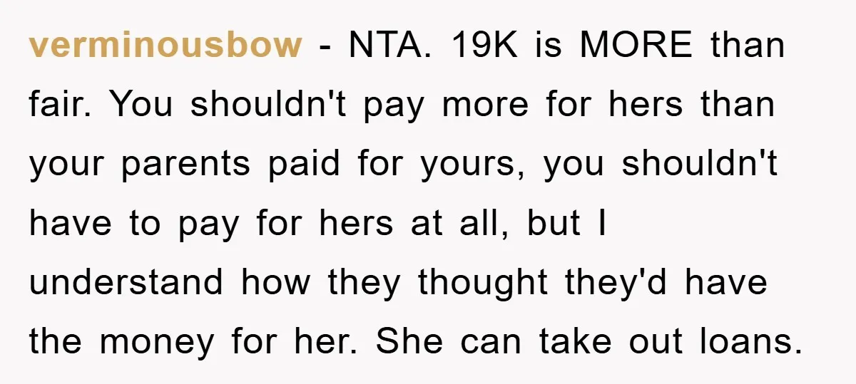 verminousbow − NTA. 19K is MORE than fair. You shouldn't pay more for hers than your parents paid for yours, you shouldn't have to pay for hers at all, but...