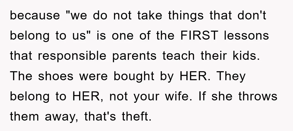 because "we do not take things that don't belong to us" is one of the FIRST lessons that responsible parents teach their kids. The shoes were bought by HER. They...