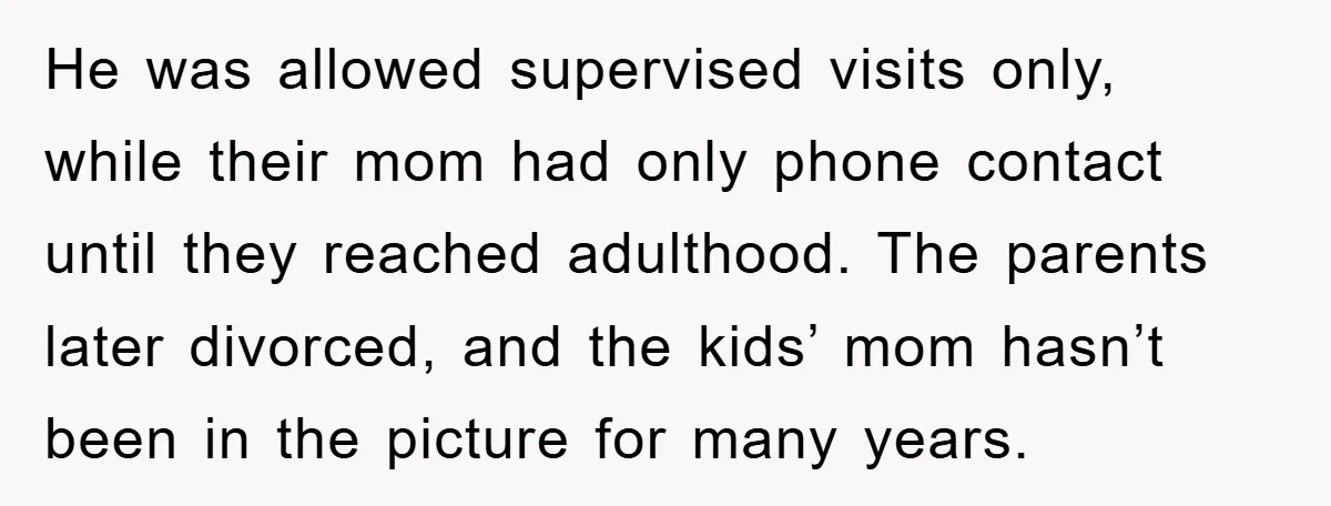 He was allowed supervised visits only, while their mom had only phone contact until they reached adulthood. The parents later divorced, and the kids’ mom hasn’t been in the picture...