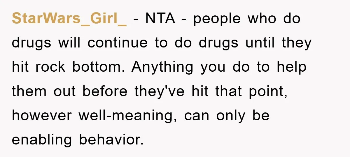 StarWars_Girl_ - NTA - people who do drugs will continue to do drugs until they hit rock bottom. Anything you do to help them out before they've hit that point,...