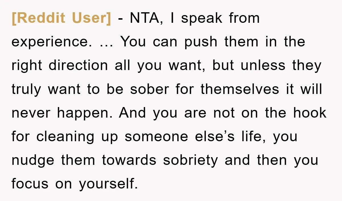 [Reddit User] - NTA, I speak from experience. … You can push them in the right direction all you want, but unless they truly want to be sober for themselves...