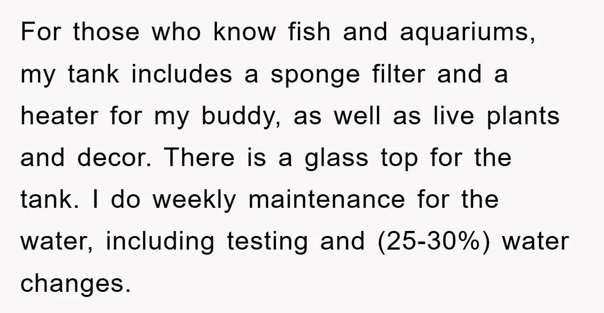 For those who know fish and aquariums, my tank includes a sponge filter and a heater for my buddy, as well as live plants and decor. There is a glass...