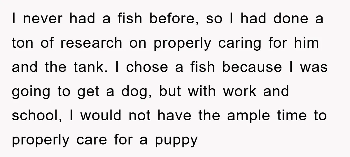 I never had a fish before, so I had done a ton of research on properly caring for him and the tank. I chose a fish because I was going...