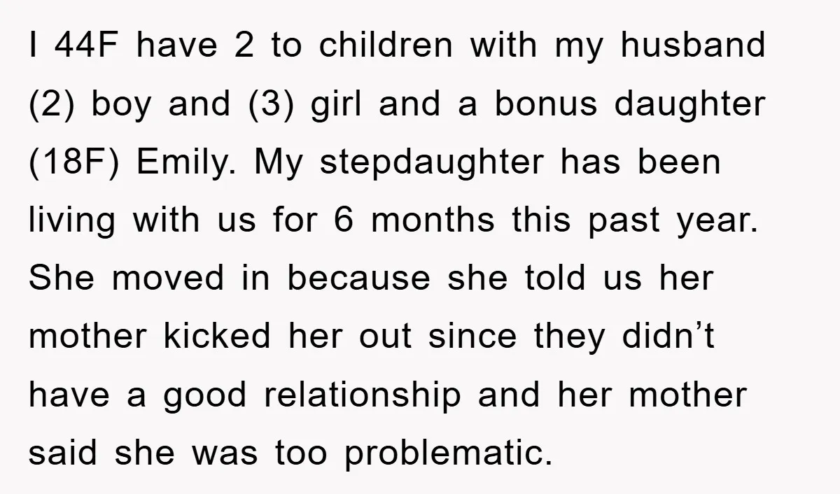 I 44F have 2 to children with my husband (2) boy and (3) girl and a bonus daughter (18F) Emily. My stepdaughter has been living with us for 6 months...