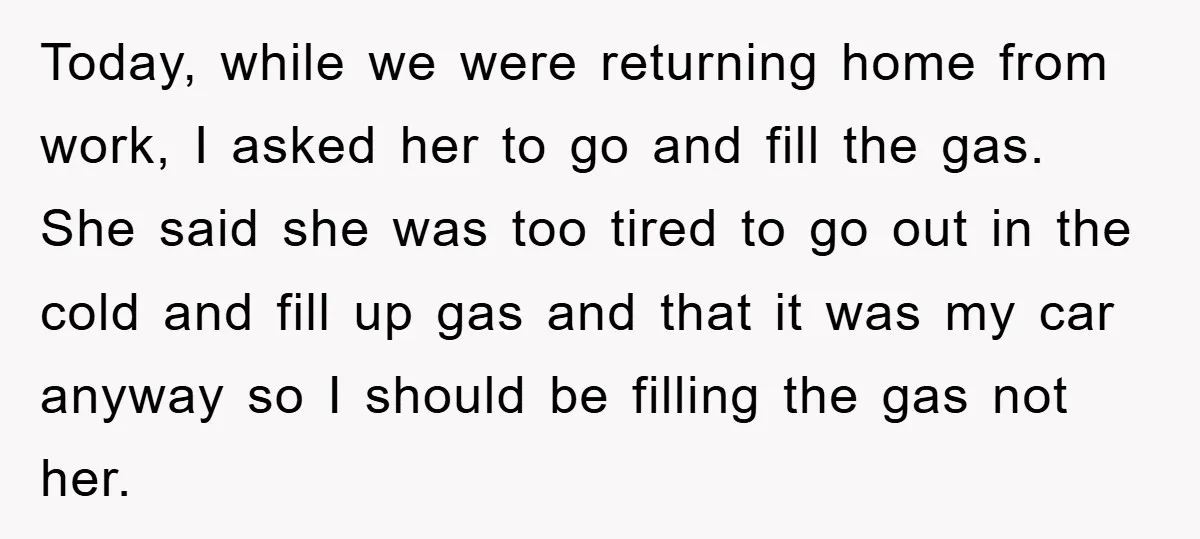 Today, while we were returning home from work, I asked her to go and fill the gas. She said she was too tired to go out in the cold and...