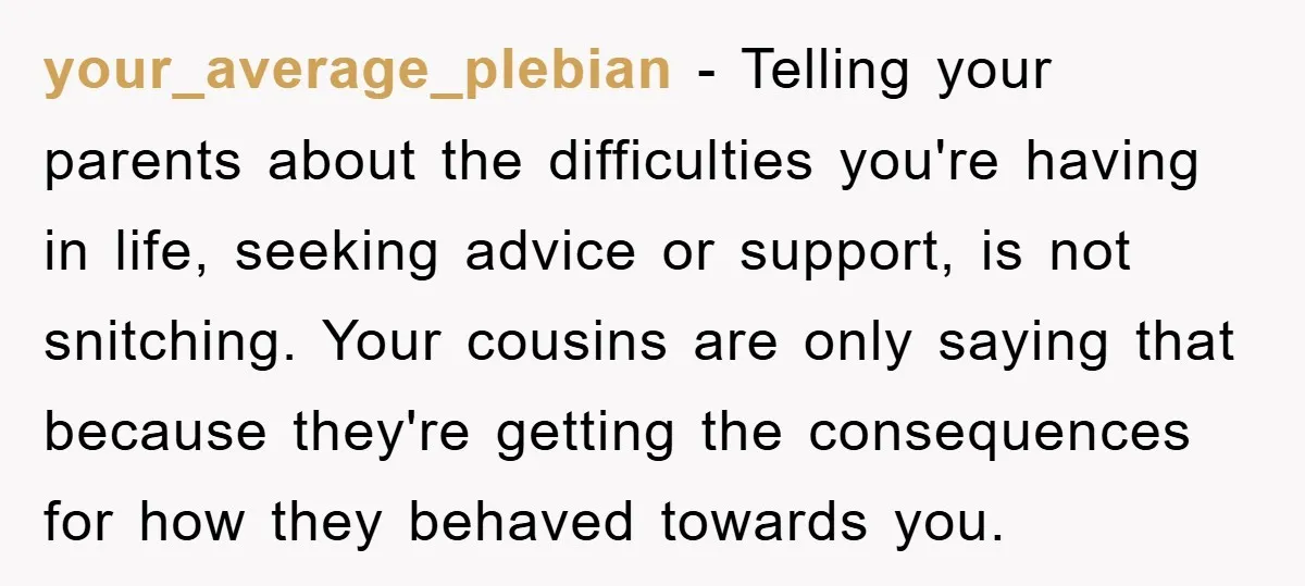 your_average_plebian − Telling your parents about the difficulties you're having in life, seeking advice or support, is not snitching. Your cousins are only saying that because they're getting the consequences...