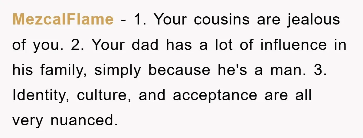 MezcalFlame − 1. Your cousins are jealous of you. 2. Your dad has a lot of influence in his family, simply because he's a man. 3. Identity, culture, and acceptance...