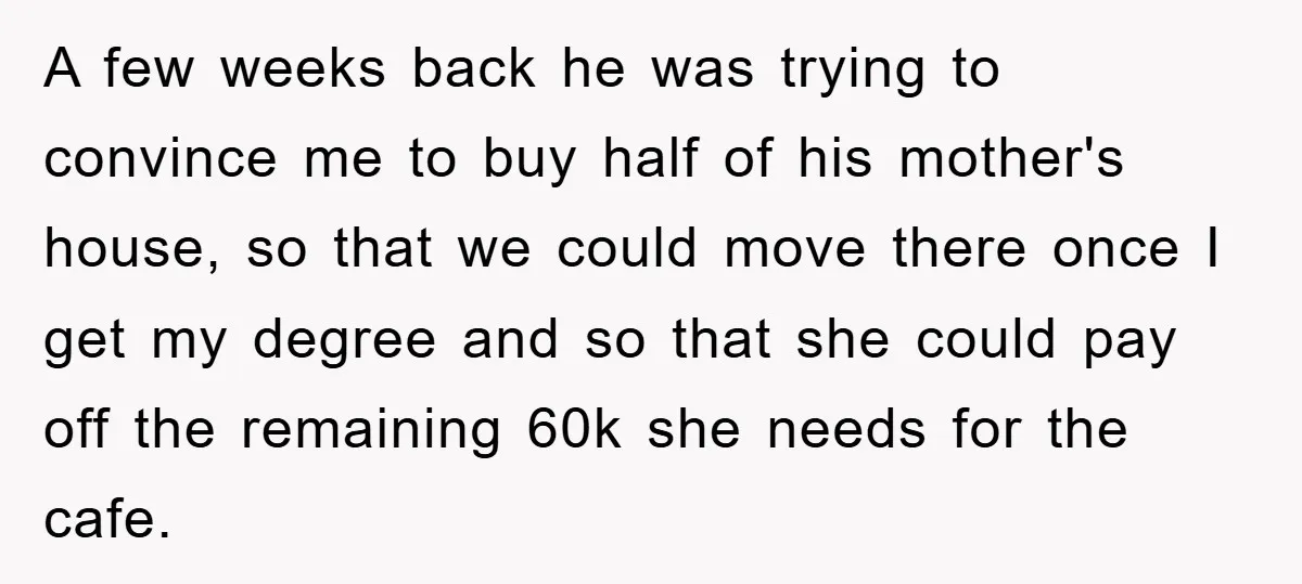 A few weeks back he was trying to convince me to buy half of his mother's house, so that we could move there once I get my degree and so...