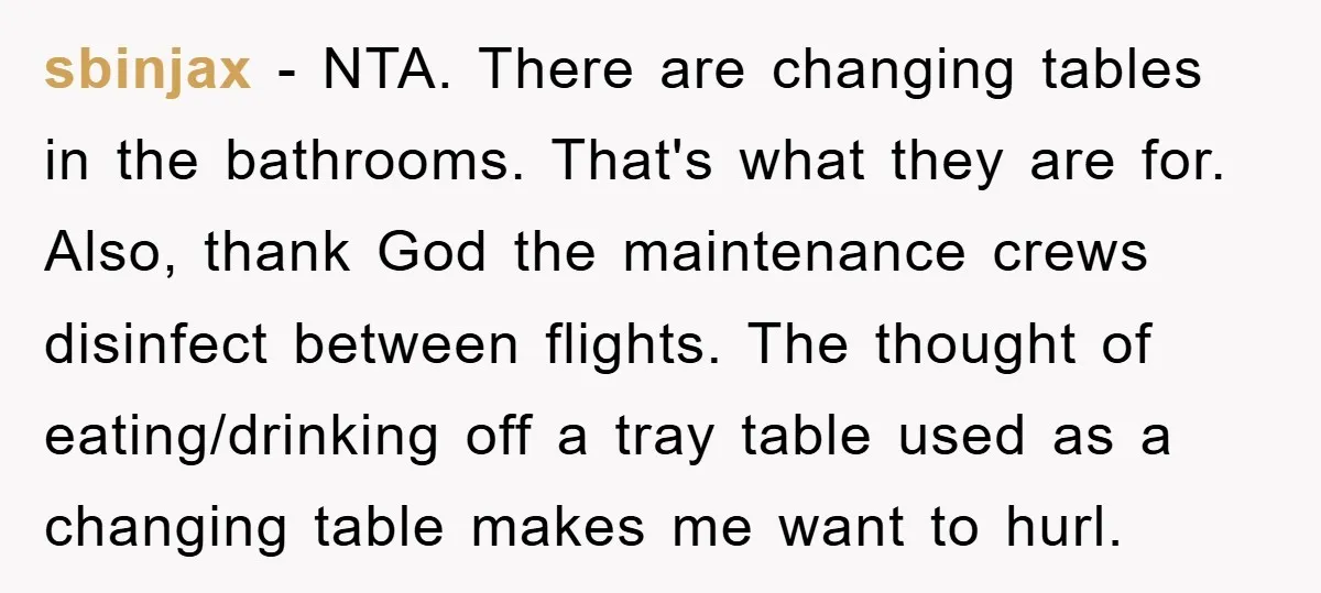 sbinjax − NTA. There are changing tables in the bathrooms. That's what they are for. Also, thank God the maintenance crews disinfect between flights. The thought of eating/drinking off a...