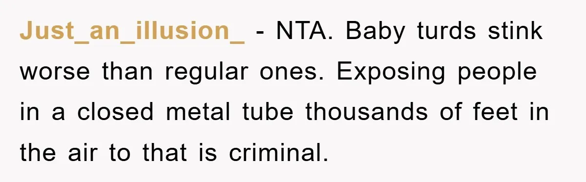 Just_an_illusion_ − NTA. Baby turds stink worse than regular ones. Exposing people in a closed metal tube thousands of feet in the air to that is criminal.