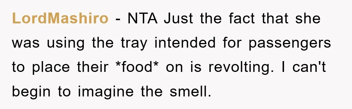 LordMashiro − NTA Just the fact that she was using the tray intended for passengers to place their *food* on is revolting. I can't begin to imagine the smell.