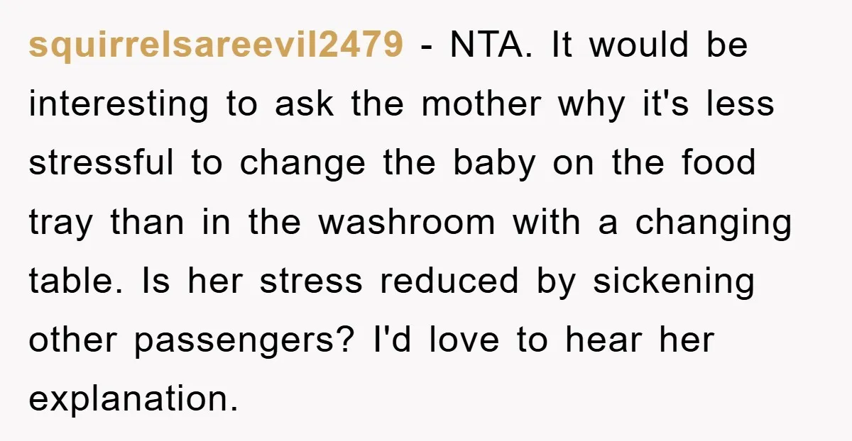 squirrelsareevil2479 − NTA. It would be interesting to ask the mother why it's less stressful to change the baby on the food tray than in the washroom with a changing...