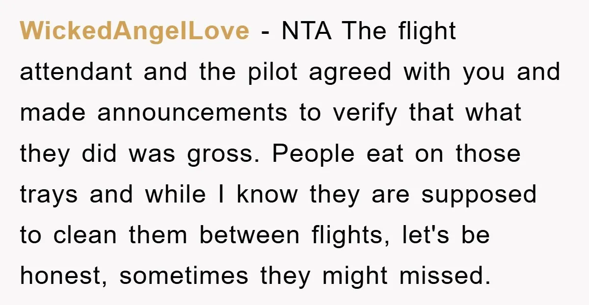 WickedAngelLove − NTA The flight attendant and the pilot agreed with you and made announcements to verify that what they did was gross. People eat on those trays and while...