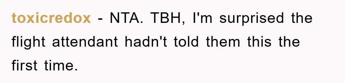 toxicredox − NTA. TBH, I'm surprised the flight attendant hadn't told them this the first time.