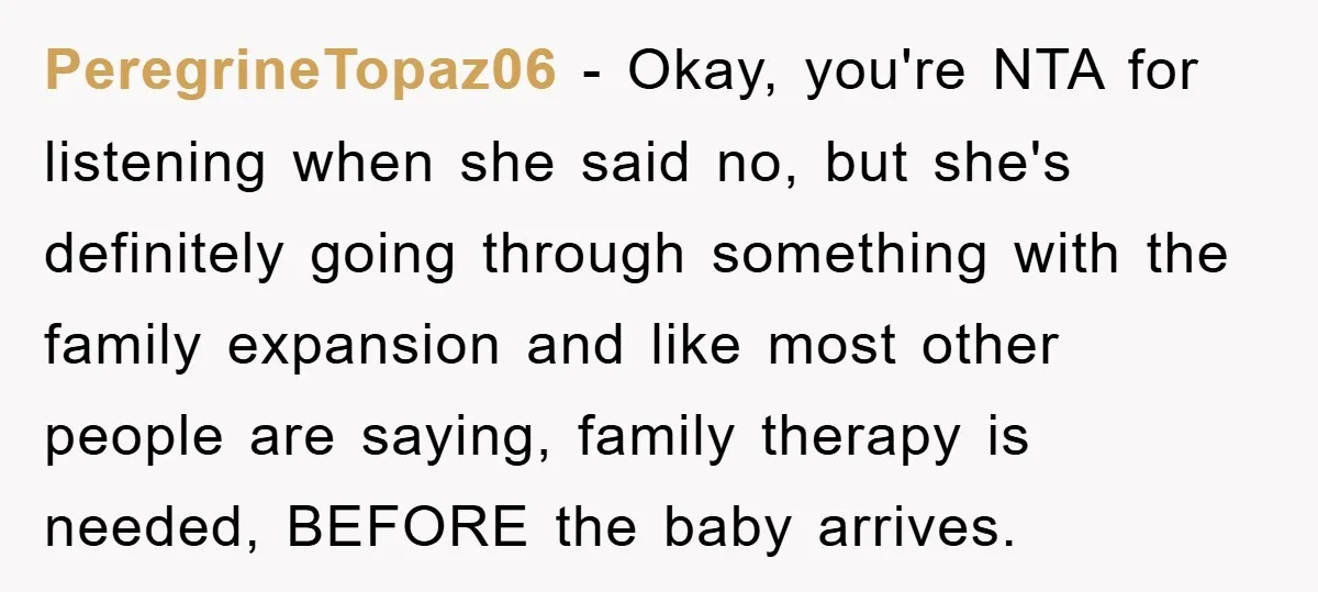 PeregrineTopaz06 − Okay, you're NTA for listening when she said no, but she's definitely going through something with the family expansion and like most other people are saying, family therapy...
