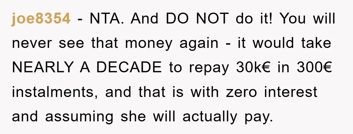 joe8354 − NTA. And DO NOT do it! You will never see that money again - it would take NEARLY A DECADE to repay 30k€ in 300€ instalments, and that...