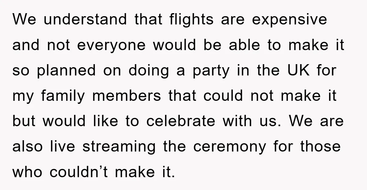 We understand that flights are expensive and not everyone would be able to make it so planned on doing a party in the UK for my family members that could...