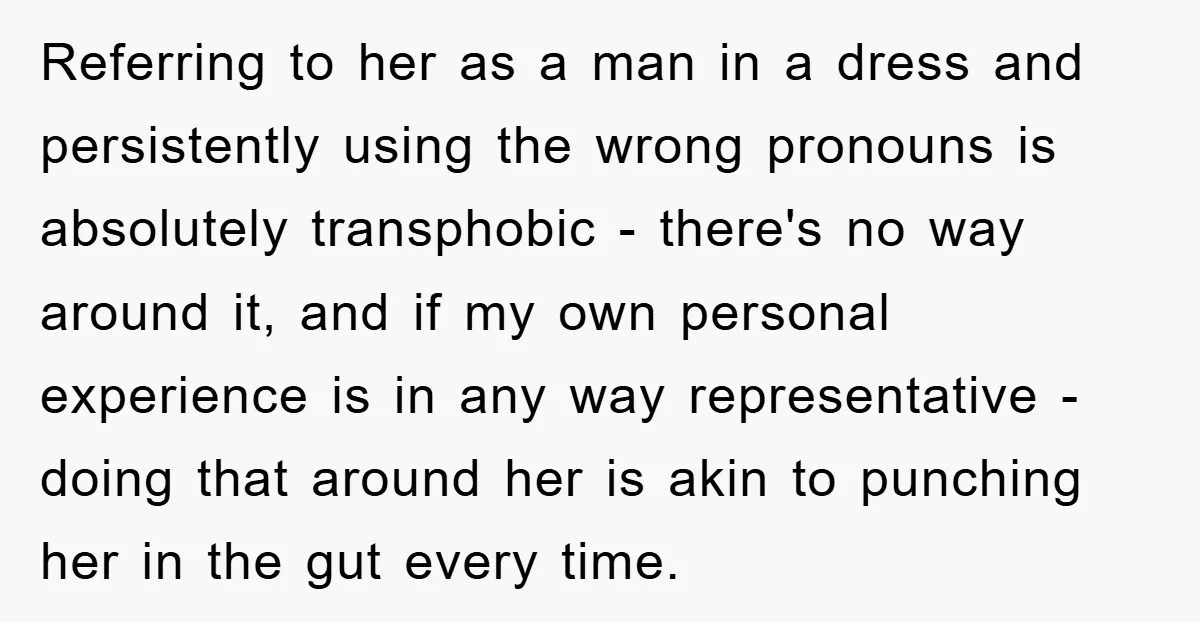 Referring to her as a man in a dress and persistently using the wrong pronouns is absolutely transphobic - there's no way around it, and if my own personal experience...