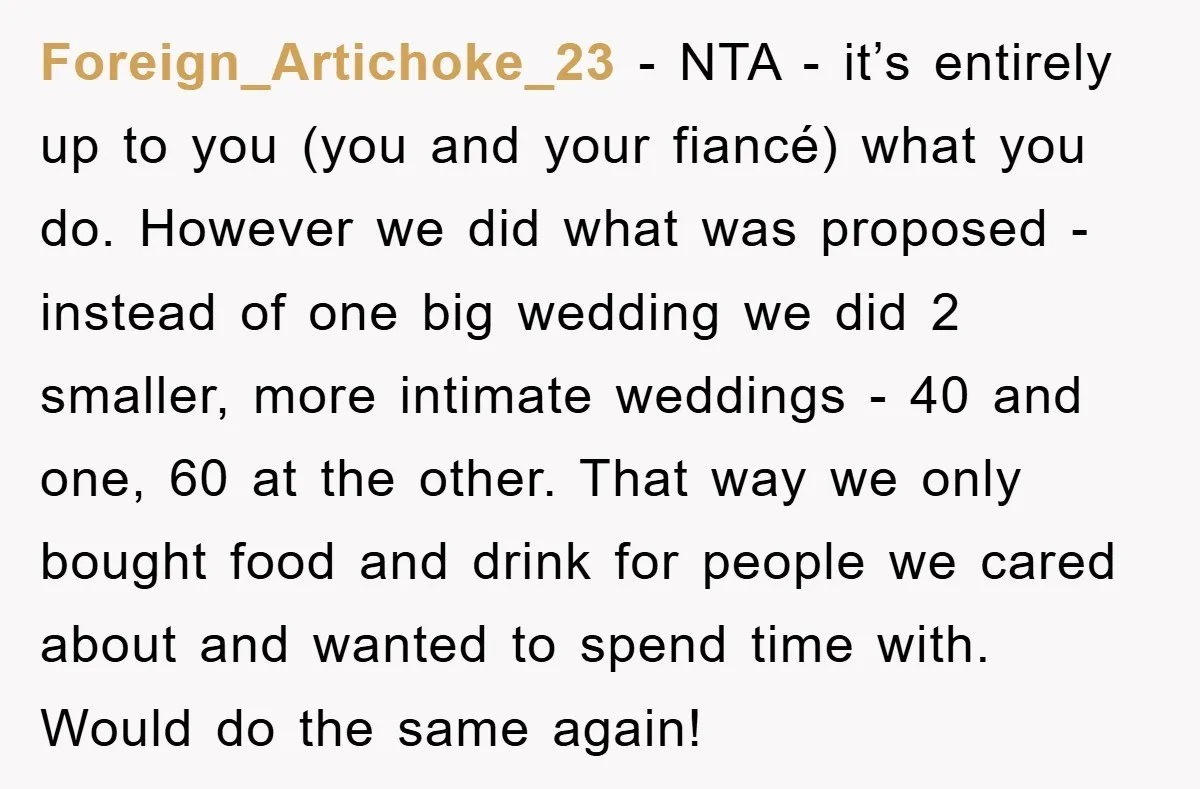 Foreign_Artichoke_23 − NTA - it’s entirely up to you (you and your fiancé) what you do. However we did what was proposed - instead of one big wedding we did...