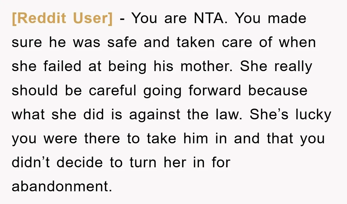[Reddit User] − You are NTA. You made sure he was safe and taken care of when she failed at being his mother. She really should be careful going forward...
