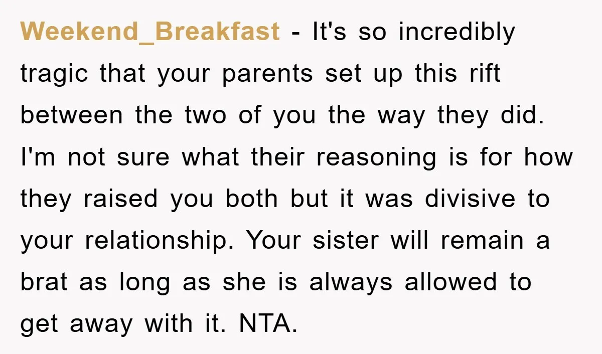 Weekend_Breakfast − It's so incredibly tragic that your parents set up this rift between the two of you the way they did. I'm not sure what their reasoning is for...