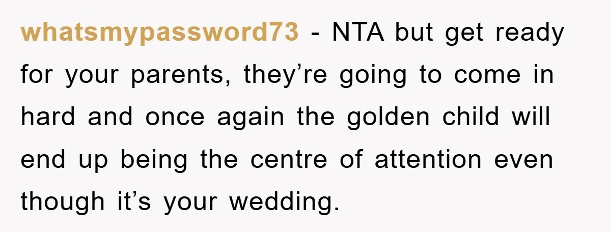 whatsmypassword73 − NTA but get ready for your parents, they’re going to come in hard and once again the golden child will end up being the centre of attention even...