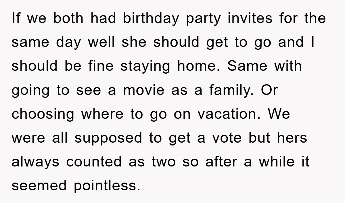 If we both had birthday party invites for the same day well she should get to go and I should be fine staying home. Same with going to see a...