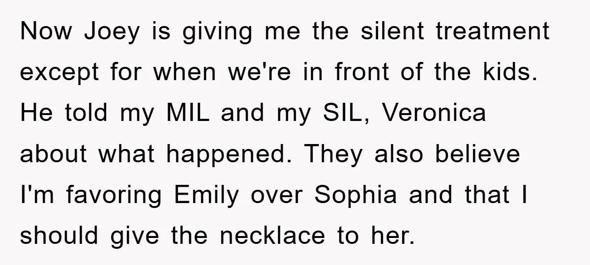 Now Joey is giving me the silent treatment except for when we're in front of the kids. He told my MIL and my SIL, Veronica about what happened. They also...