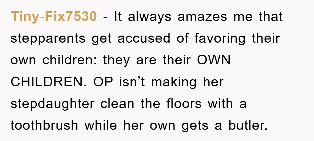 Tiny-Fix7530 − It always amazes me that stepparents get accused of favoring their own children: they are their OWN CHILDREN. OP isn’t making her stepdaughter clean the floors with a...
